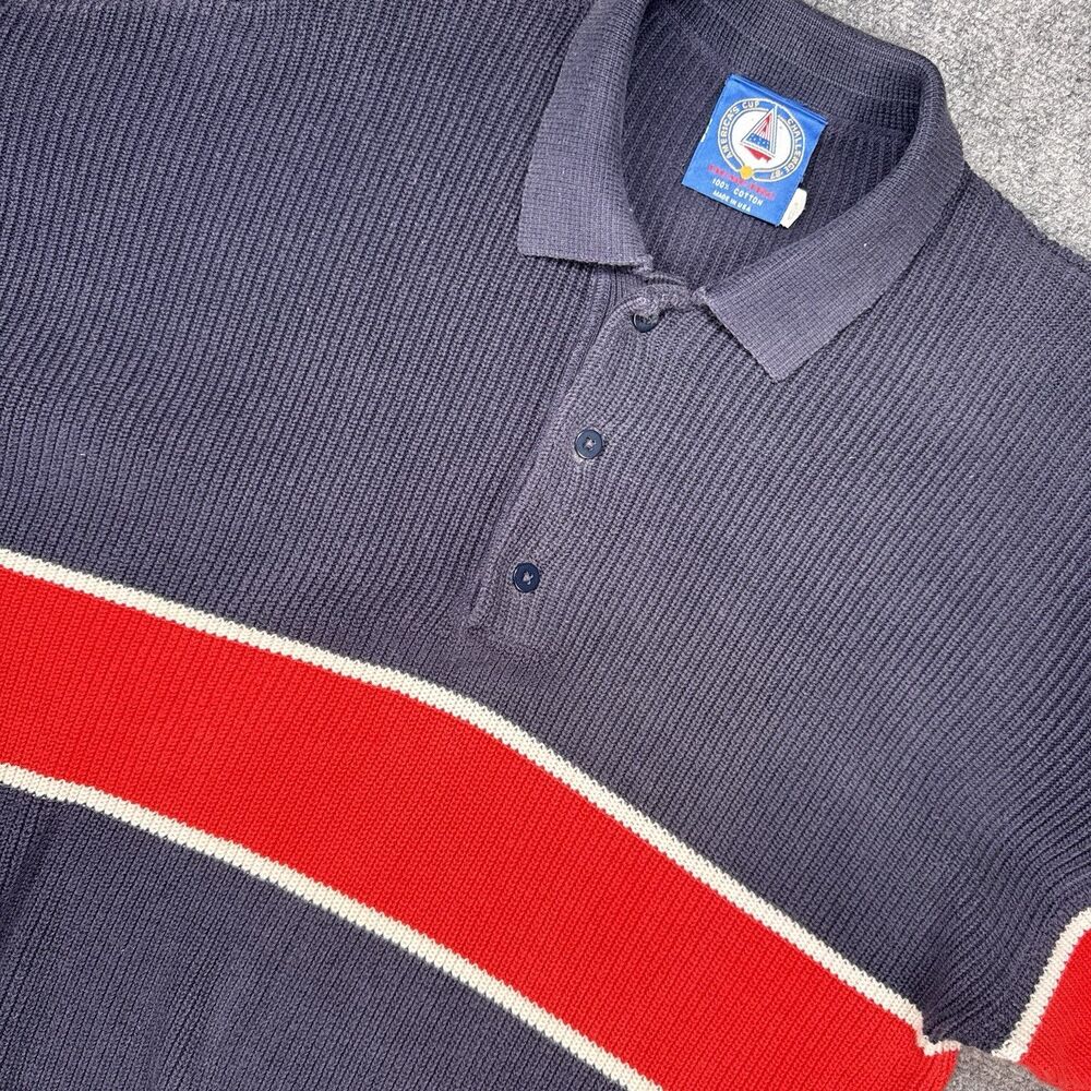 Vintage Demetre Ski Sweater Mens Navy Red 100% Cotton Button Pullover Medium USA